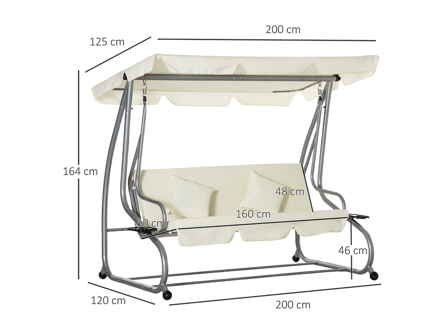 Balancelle de jardin 3 places convertible toit inclinaison réglable 2 tablettes support acier époxy gris polyester crème