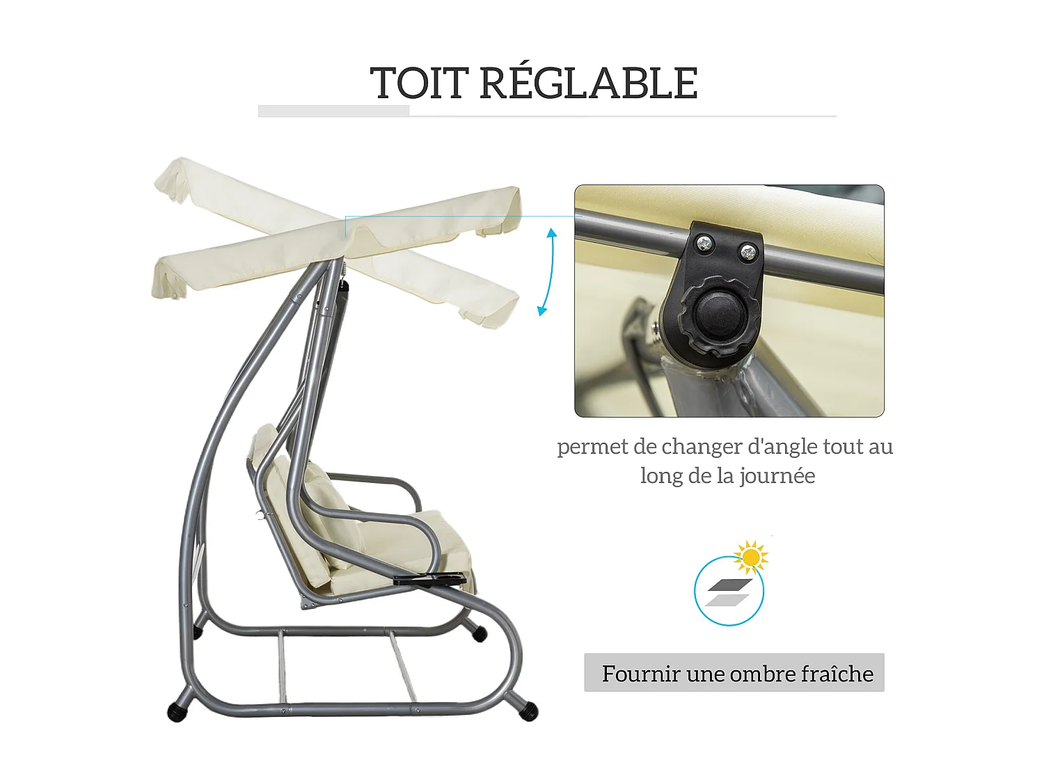 Balancelle de jardin 3 places convertible toit inclinaison réglable 2 tablettes support acier époxy gris polyester crème