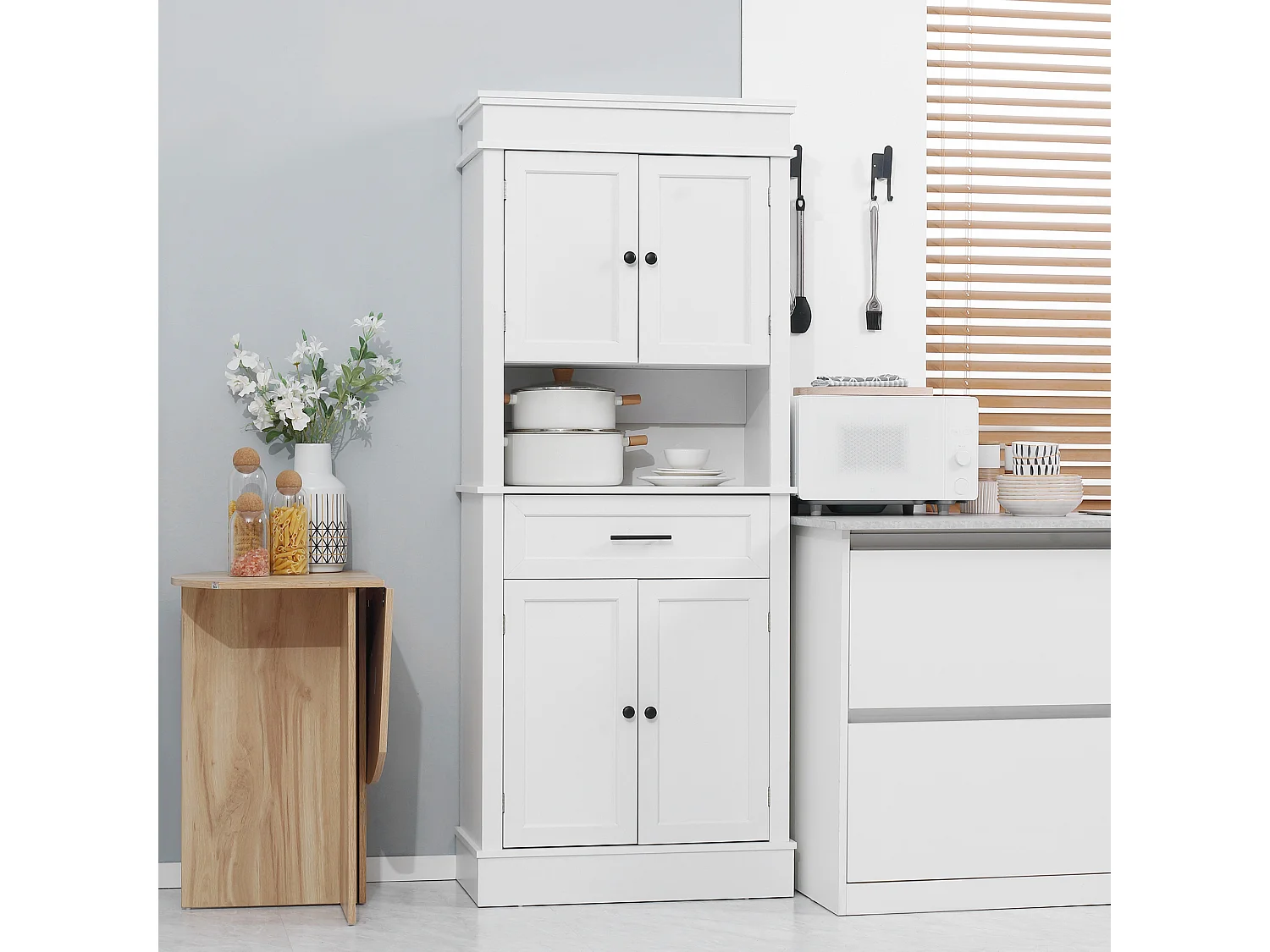 Buffet haut armoire de cuisine multi-rangement 2 placards 2 portes tiroir niche MDF panneaux blanc