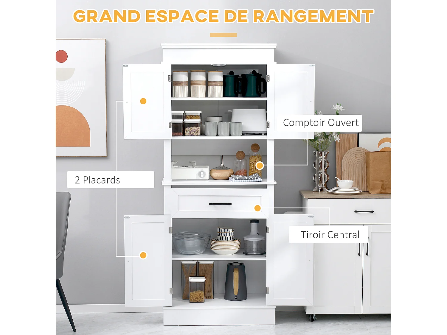 Buffet haut armoire de cuisine multi-rangement 2 placards 2 portes tiroir niche MDF panneaux blanc