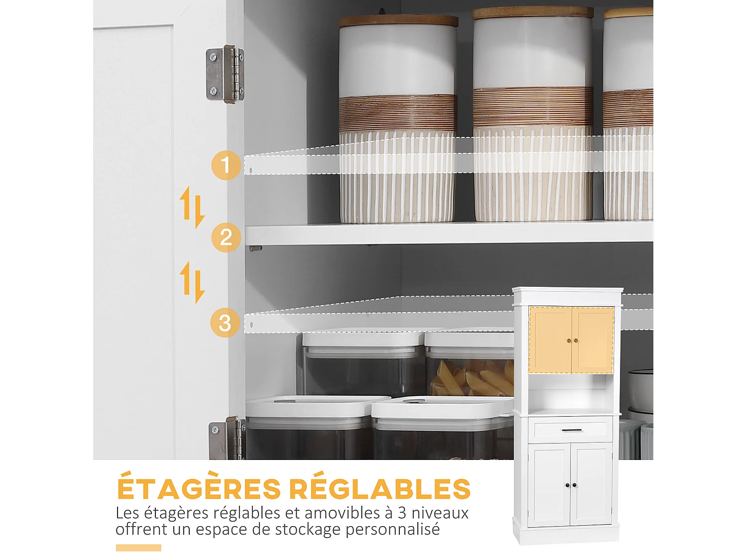 Buffet haut armoire de cuisine multi-rangement 2 placards 2 portes tiroir niche MDF panneaux blanc