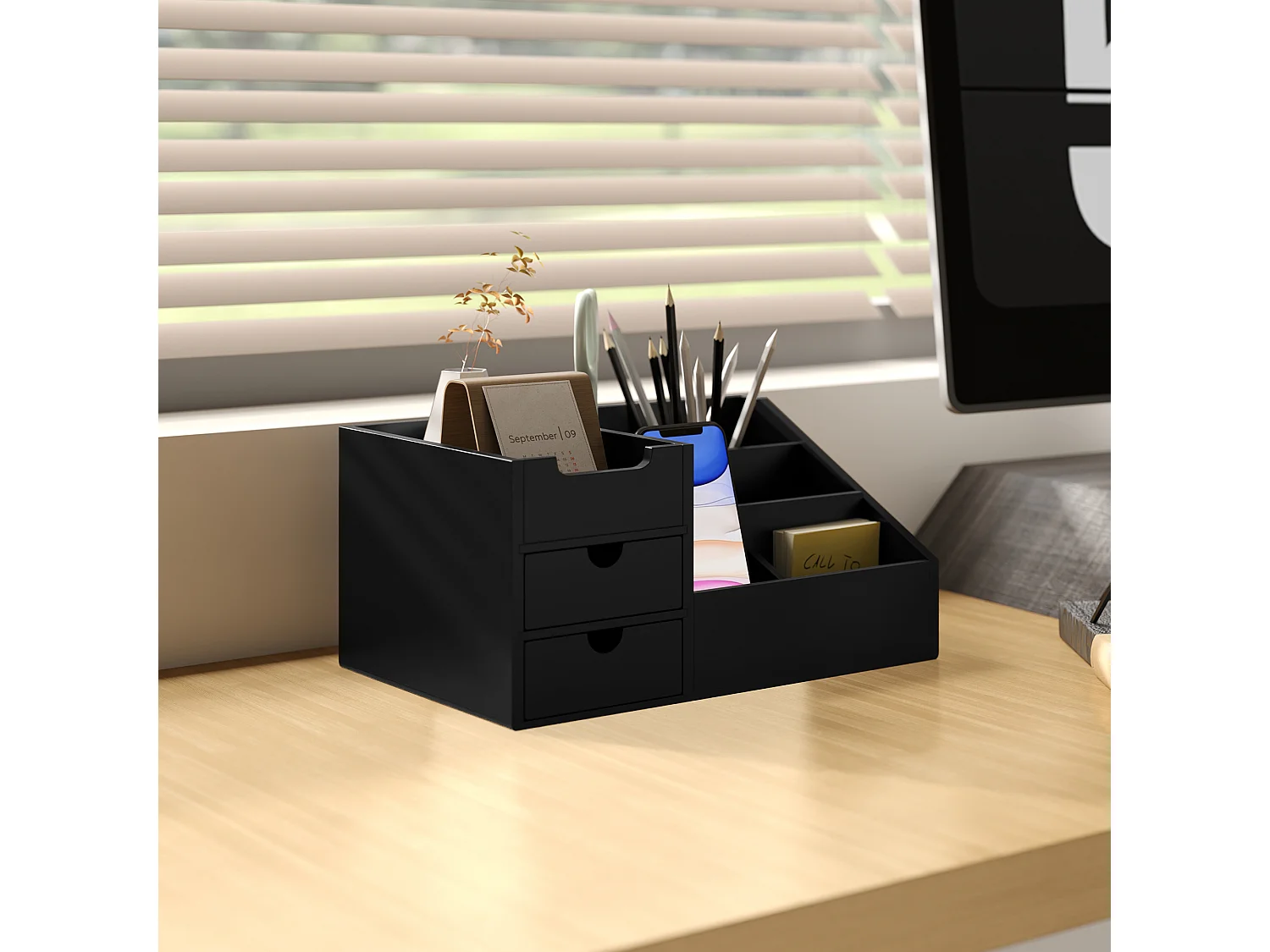 Boite de rangement de bureau - organiseur de bureau - 7 compartiments, 2 tiroirs - bambou verni noir