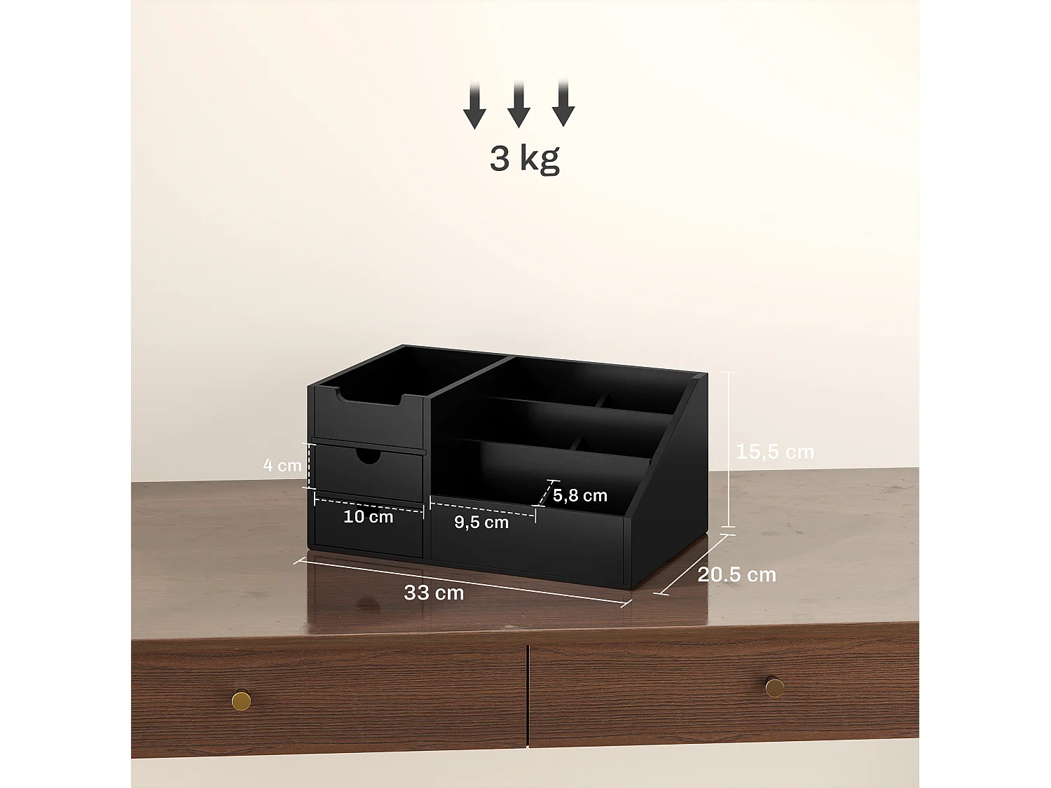 Boite de rangement de bureau - organiseur de bureau - 7 compartiments, 2 tiroirs - bambou verni noir