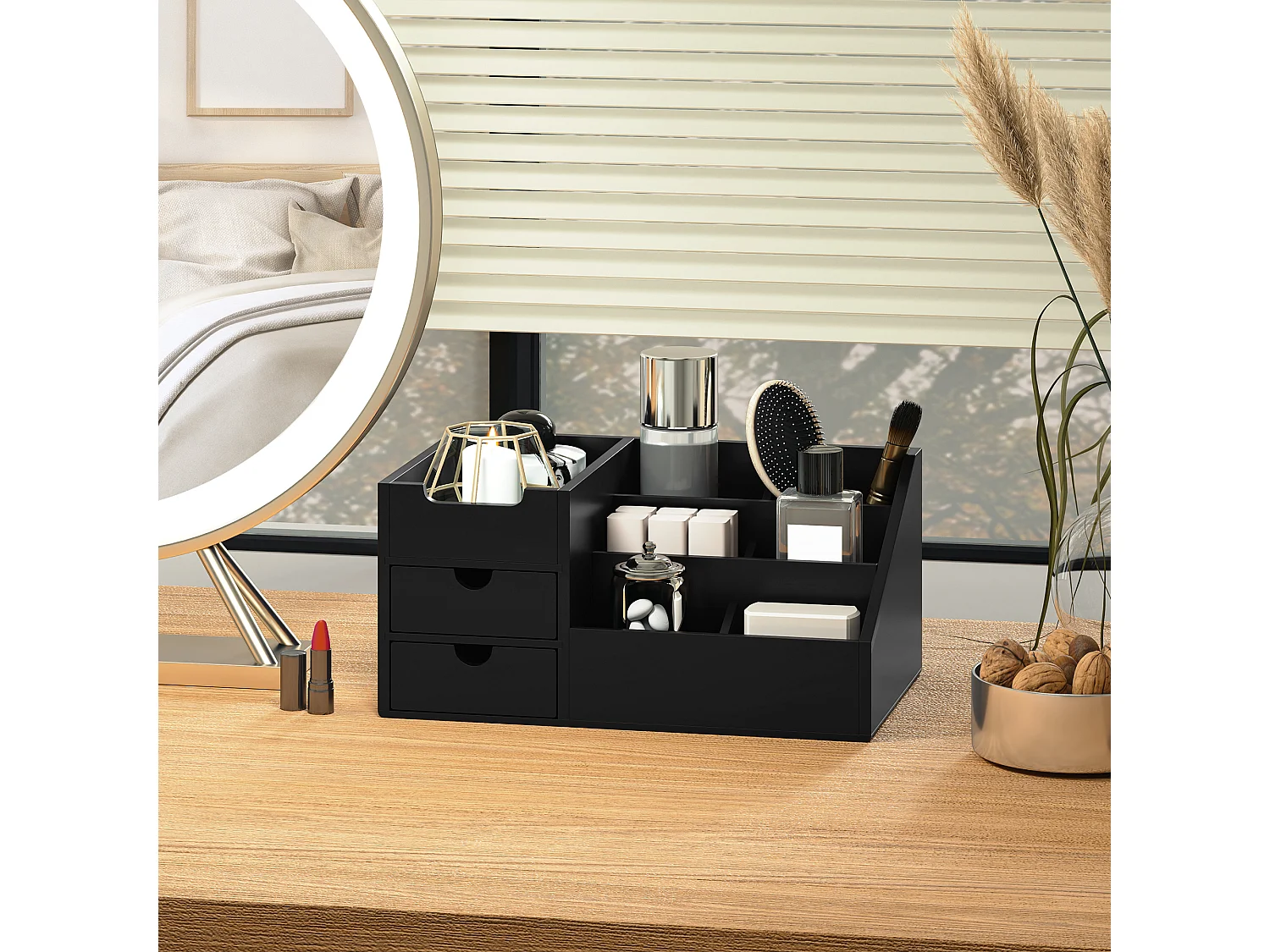 Boite de rangement de bureau - organiseur de bureau - 7 compartiments, 2 tiroirs - bambou verni noir