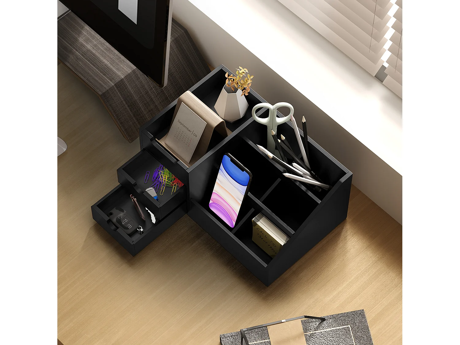 Boite de rangement de bureau - organiseur de bureau - 7 compartiments, 2 tiroirs - bambou verni noir