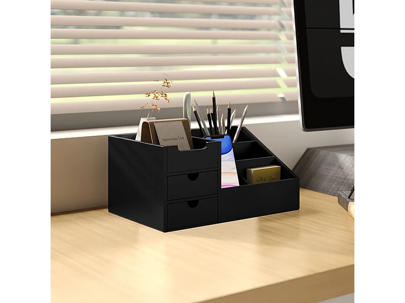 Boite de rangement de bureau - organiseur de bureau - 7 compartiments, 2 tiroirs - bambou verni noir