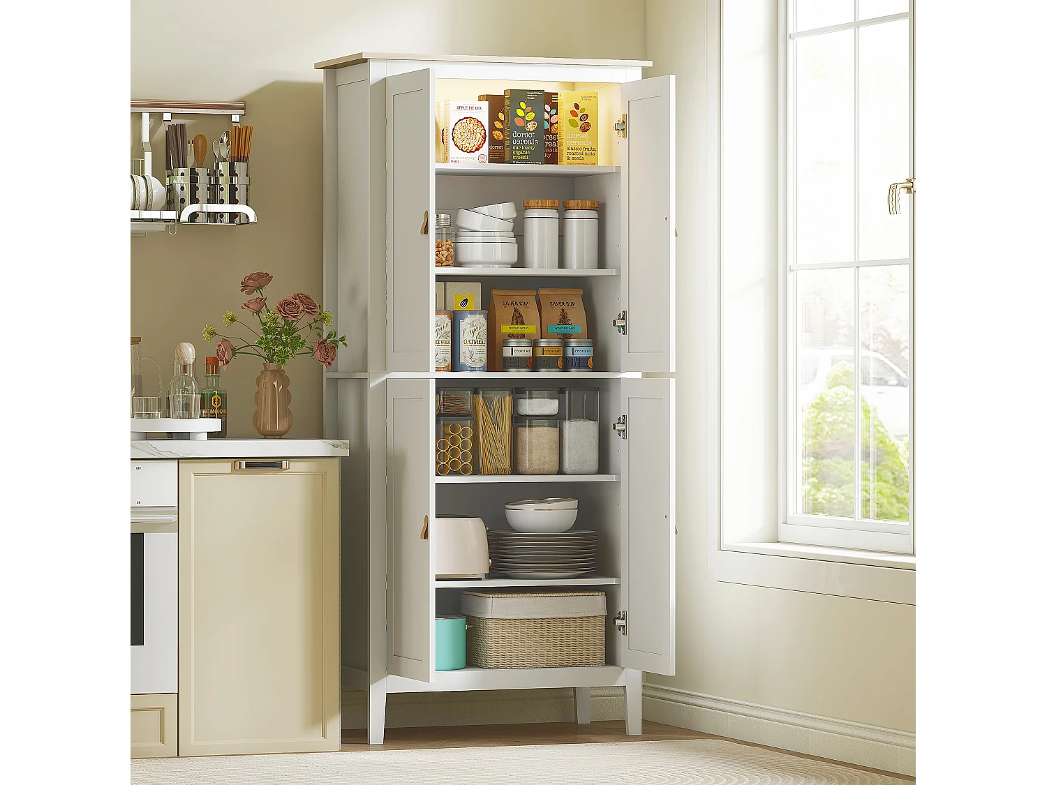 Armoire de cuisine LED - 4 portes, 6 niveaux - poignée bouton doré effet cuir MDF blanc effet bois