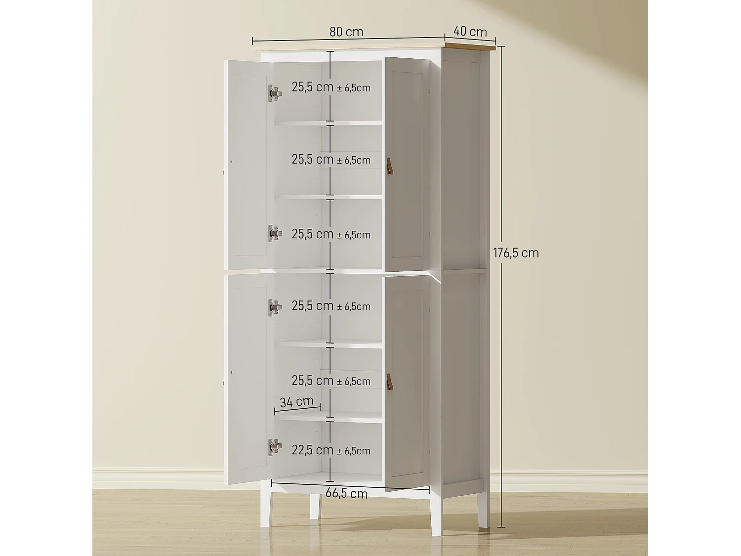 Armoire de cuisine LED - 4 portes, 6 niveaux - poignée bouton doré effet cuir MDF blanc effet bois