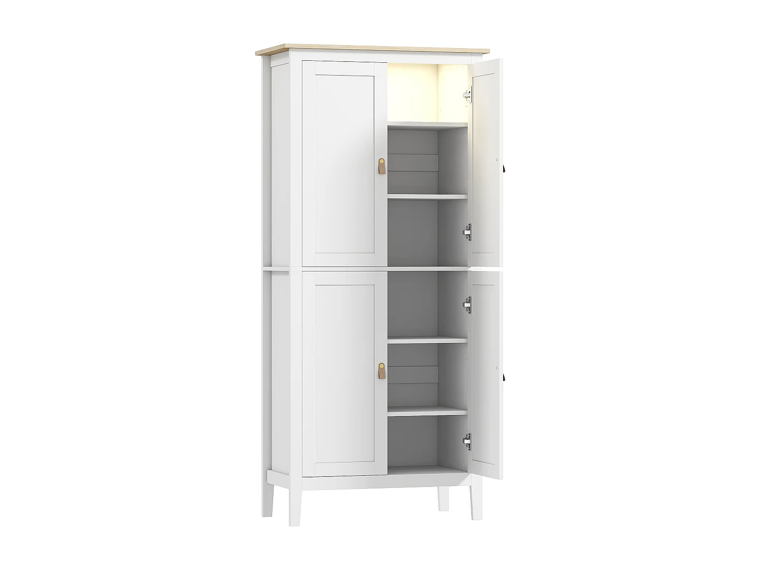 Armoire de cuisine LED - 4 portes, 6 niveaux - poignée bouton doré effet cuir MDF blanc effet bois