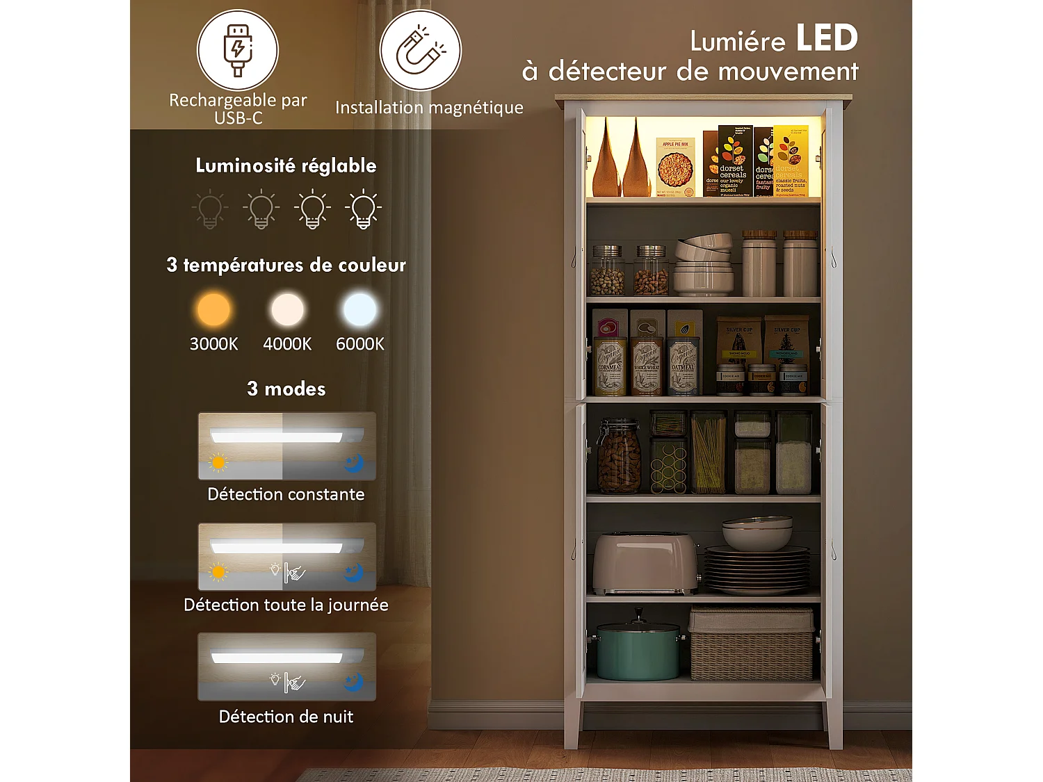 Armoire de cuisine LED - 4 portes, 6 niveaux - poignée bouton doré effet cuir MDF blanc effet bois