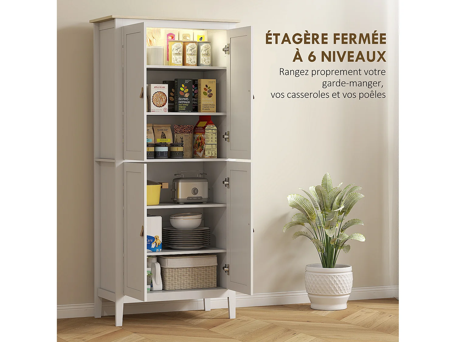 Armoire de cuisine LED - 4 portes, 6 niveaux - poignée bouton doré effet cuir MDF blanc effet bois