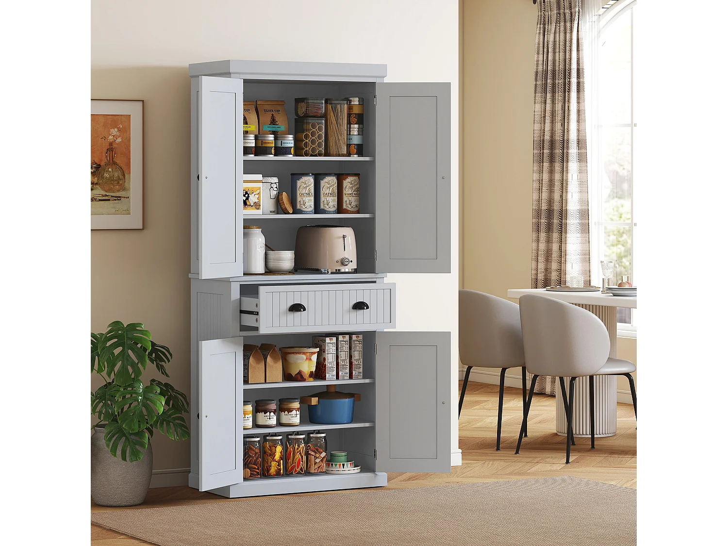 Buffet haut multi-rangement - 4 portes, grand tiroir - dim. 76L x 40l x 183H cm - panneaux MDF gris