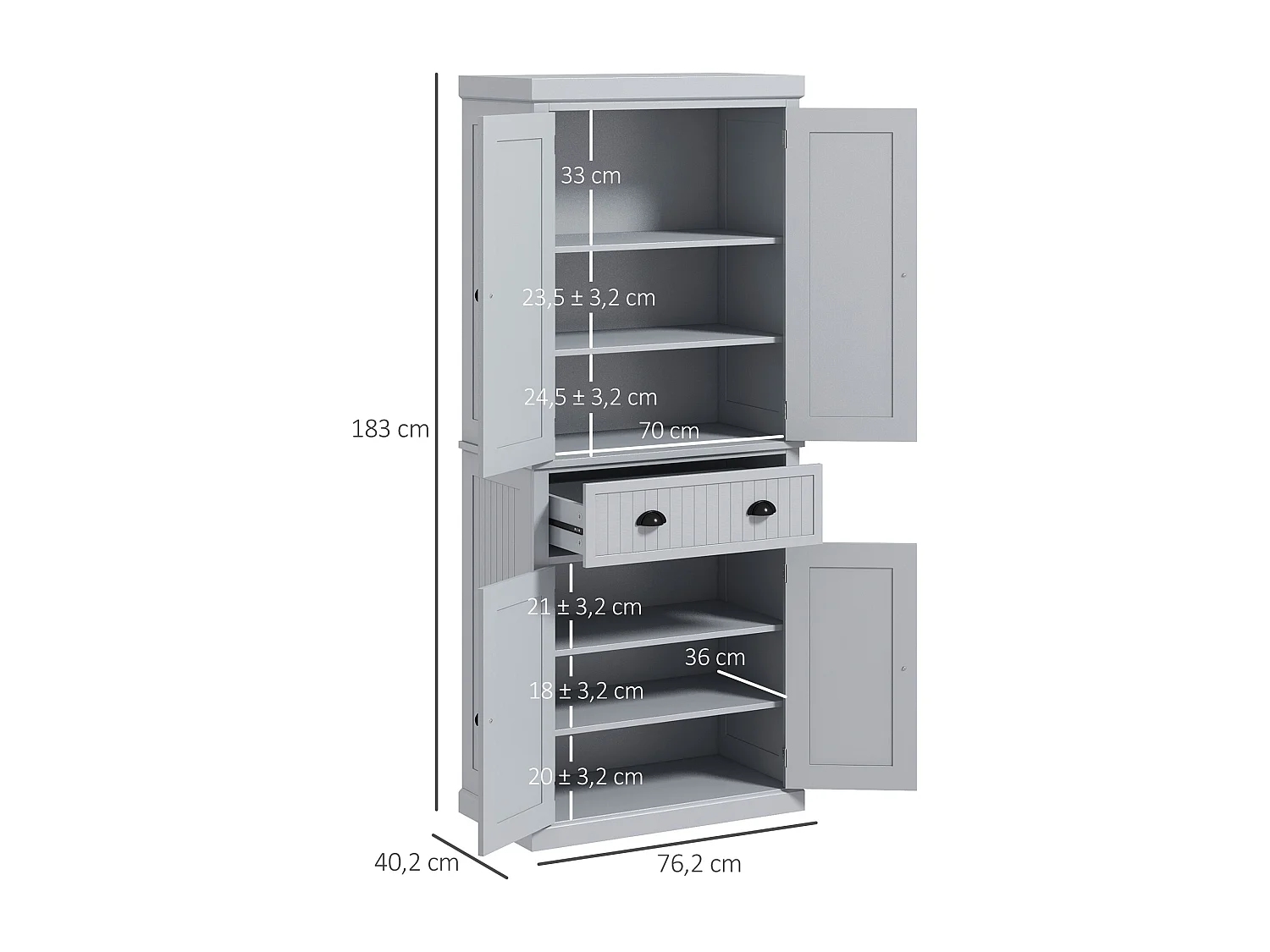 Buffet haut multi-rangement - 4 portes, grand tiroir - dim. 76L x 40l x 183H cm - panneaux MDF gris