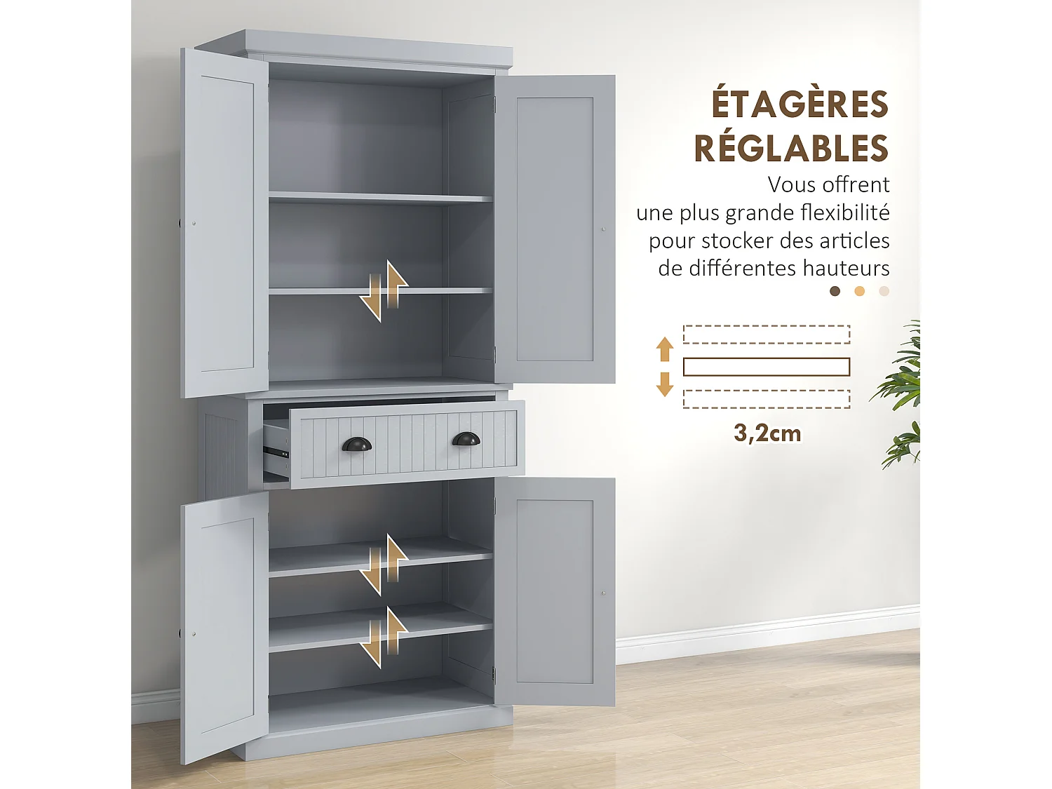 Buffet haut multi-rangement - 4 portes, grand tiroir - dim. 76L x 40l x 183H cm - panneaux MDF gris