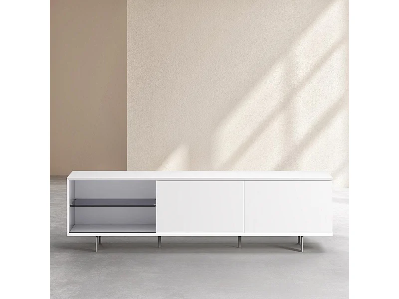 Habitat - Meuble TV avec portes coulissantes et pieds en métal  - Blanc polaire - Agnes