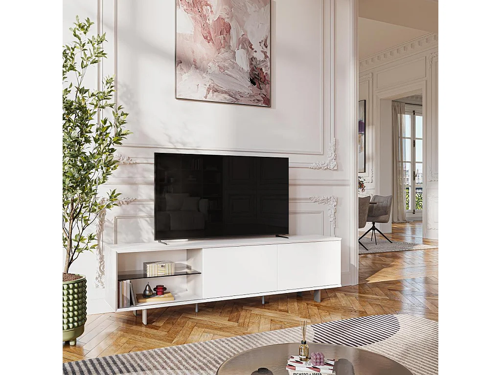 Habitat - Meuble TV avec portes coulissantes et pieds en métal  - Blanc polaire - Agnes