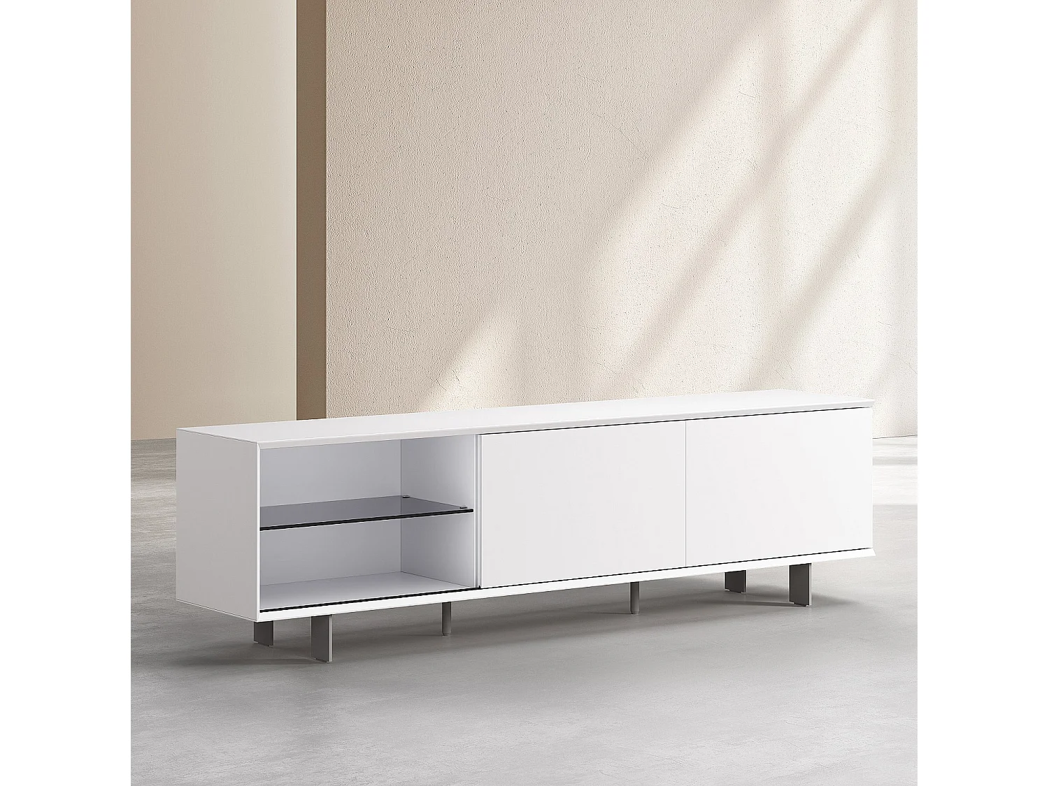 Habitat - Meuble TV avec portes coulissantes et pieds en métal  - Blanc polaire - Agnes