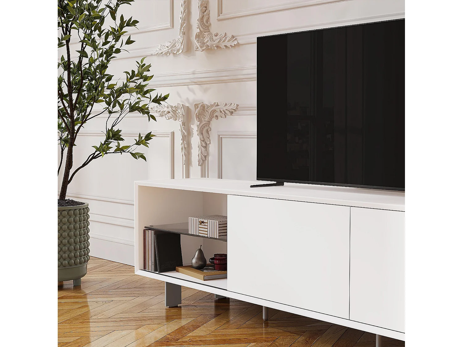Habitat - Meuble TV avec portes coulissantes et pieds en métal - Blanc polaire - Agnes