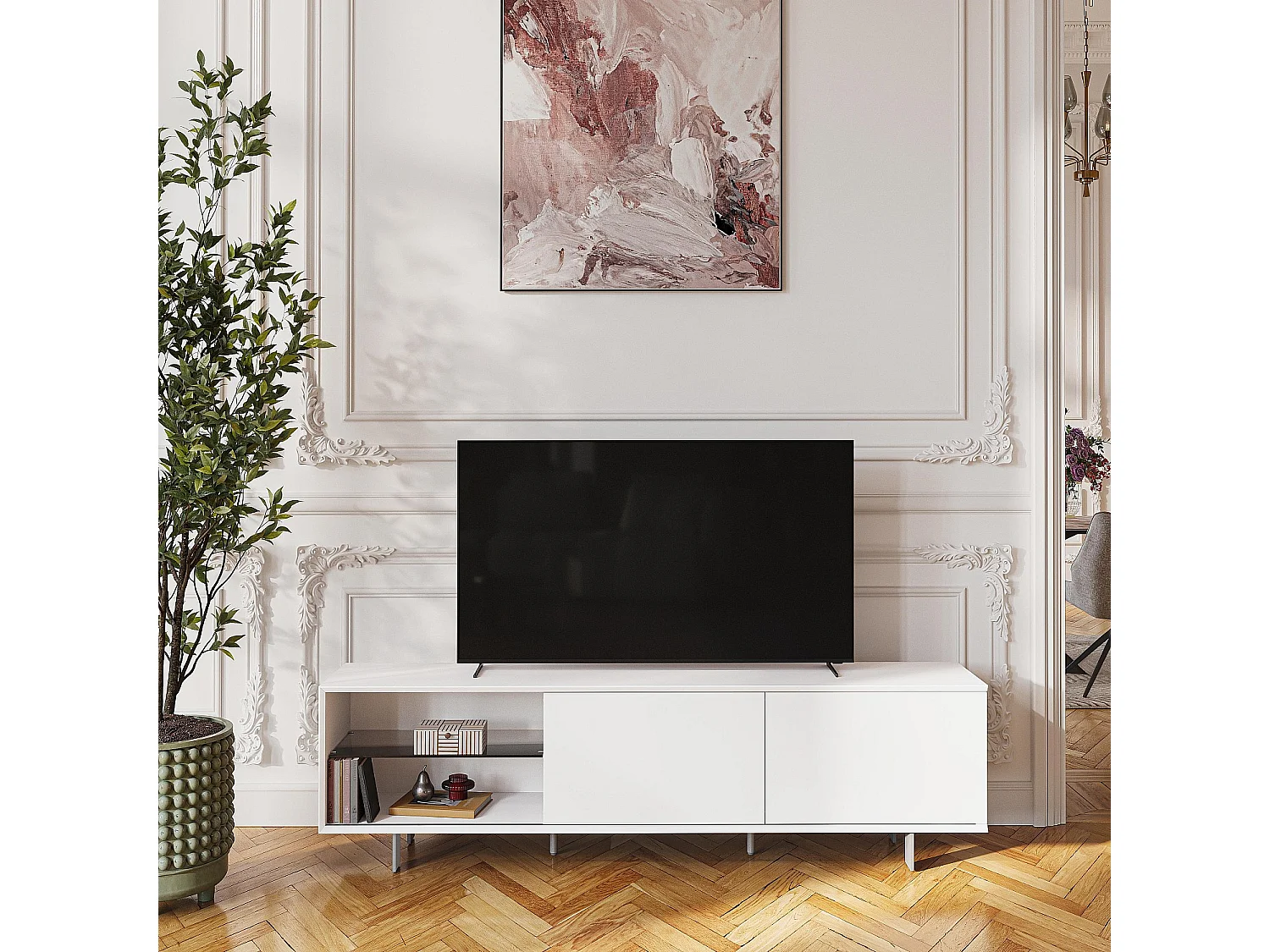 Habitat - Meuble TV avec portes coulissantes et pieds en métal - Blanc polaire - Agnes