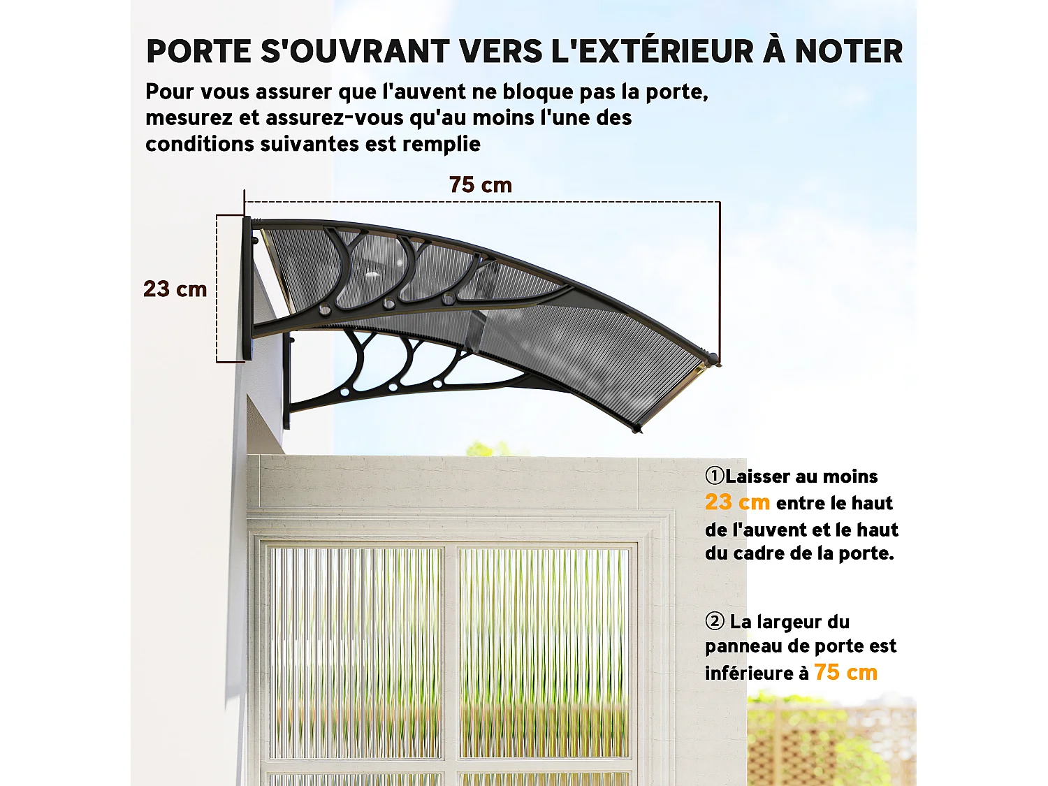 Auvent marquise de porte design voûté arrondi dim. 100L x 75l x 23H cm alu polycarbonate fumé plastique noir