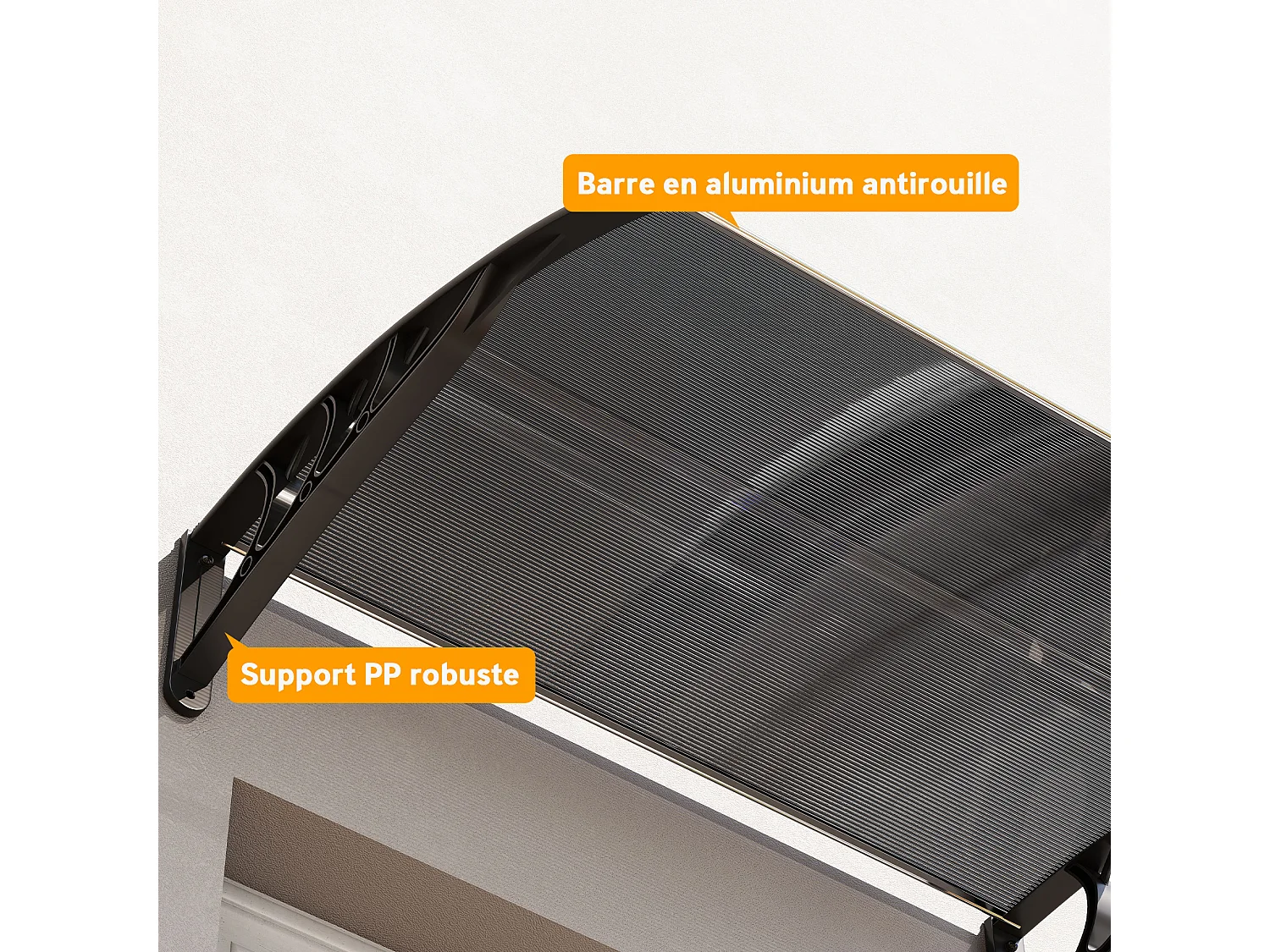 Auvent marquise de porte design voûté arrondi dim. 100L x 75l x 23H cm alu polycarbonate fumé plastique noir