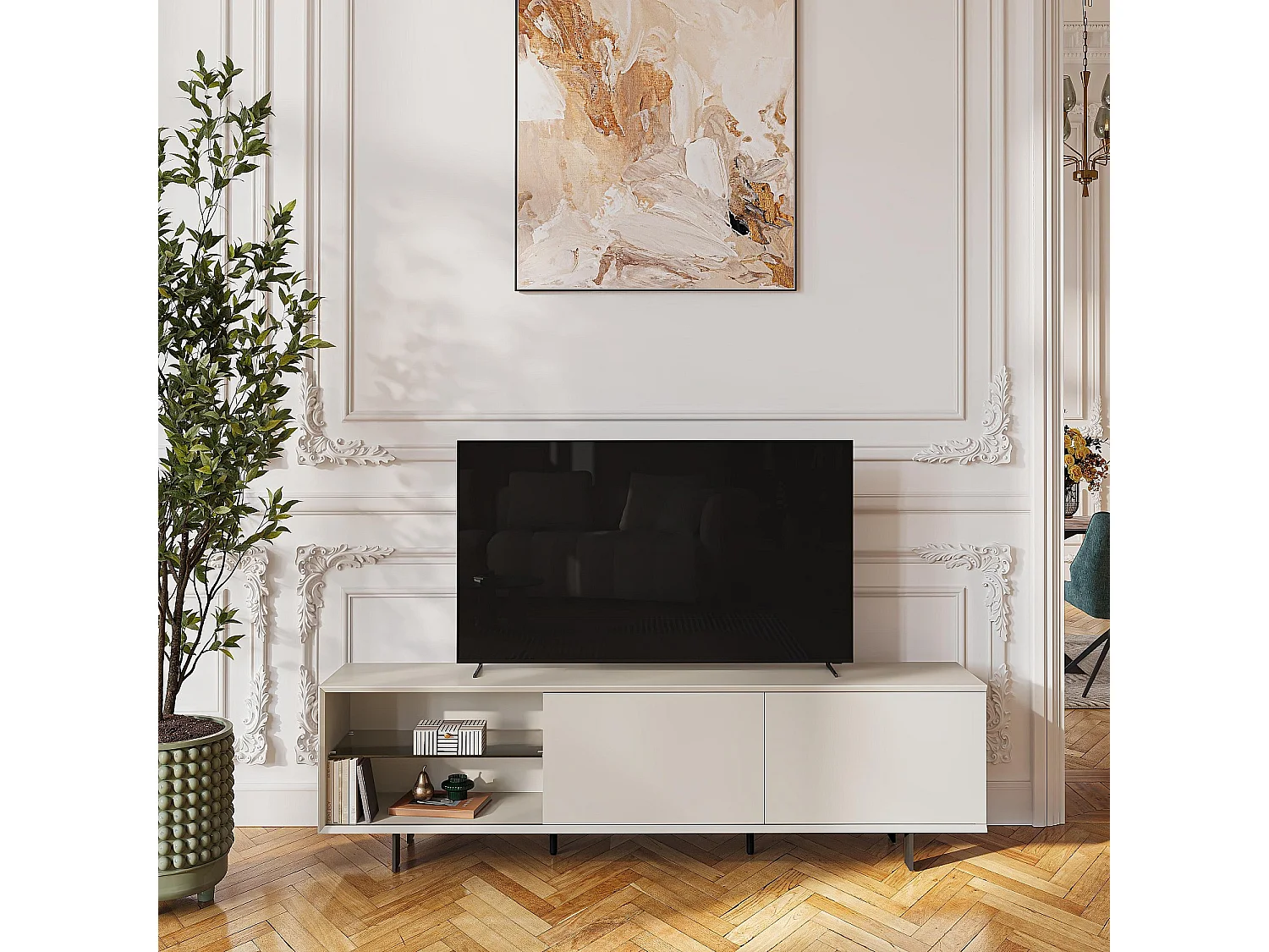 Habitat - Meuble TV avec portes coulissantes et pieds en métal -  Crème - Agnes