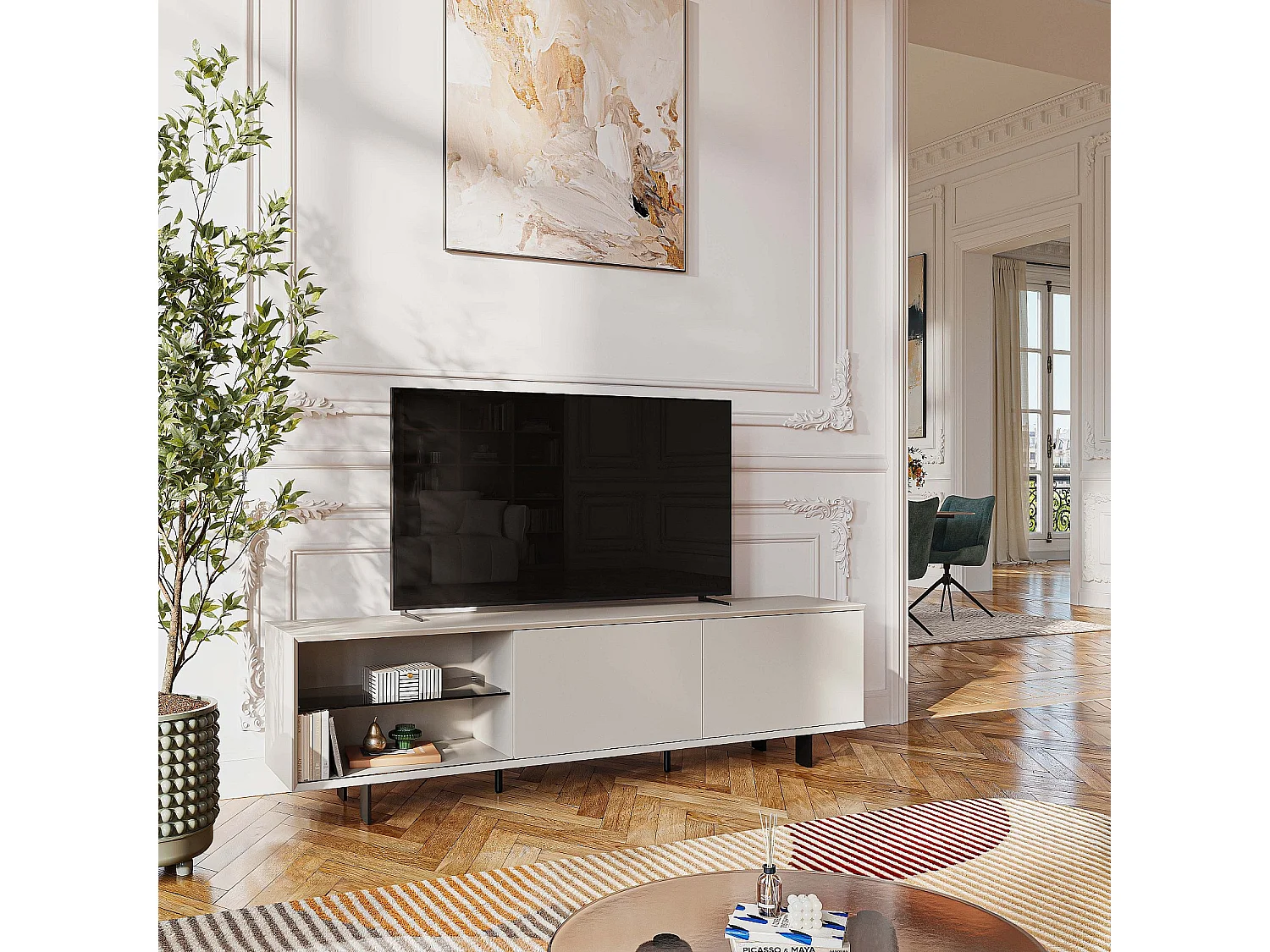 Habitat - Meuble TV avec portes coulissantes et pieds en métal -  Crème - Agnes