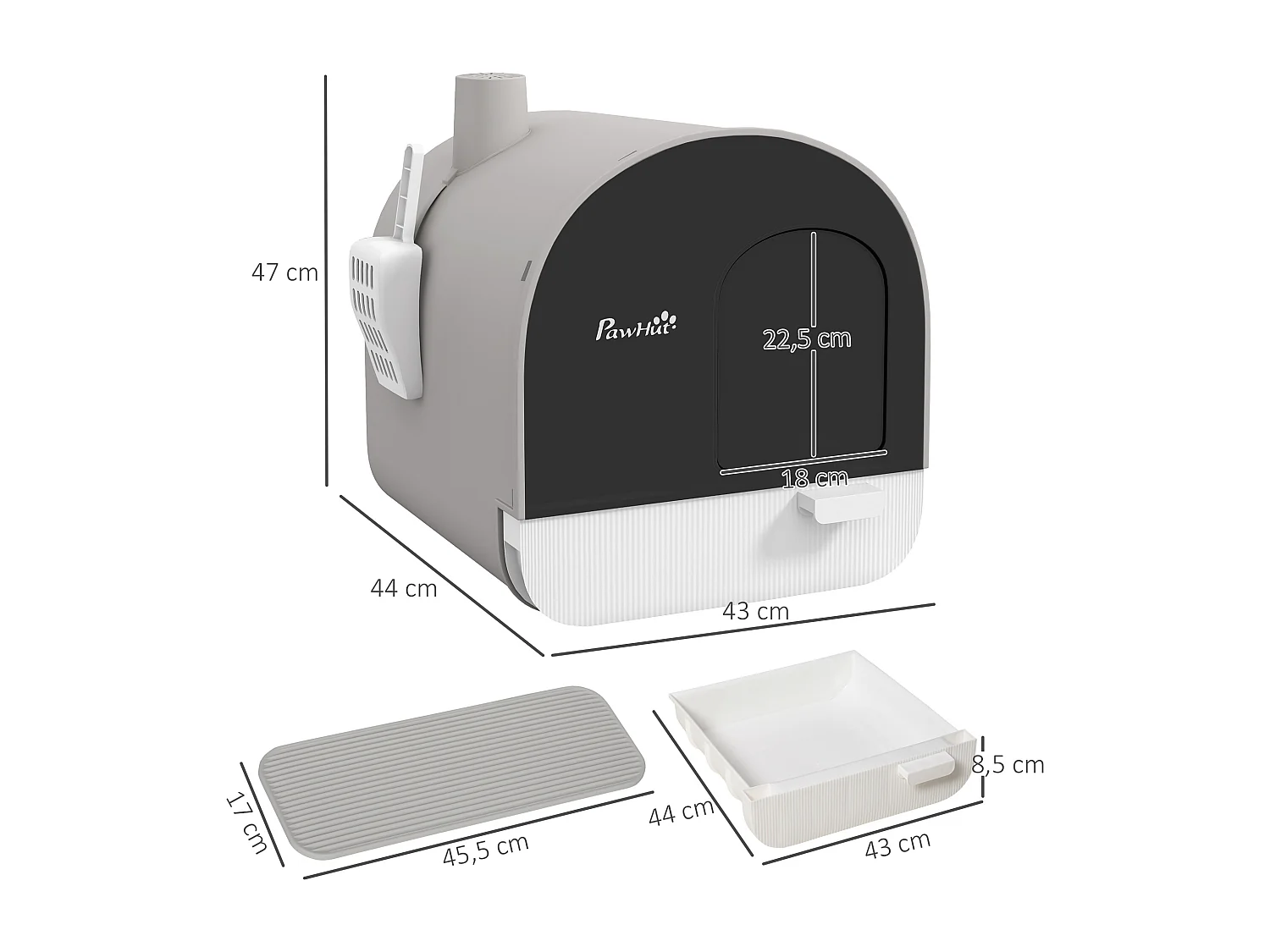 Maison de toilette bac à litière pour chat avec porte battante, pelle et filtre inclus dim. 43L x 44l x 47H cm PP gris