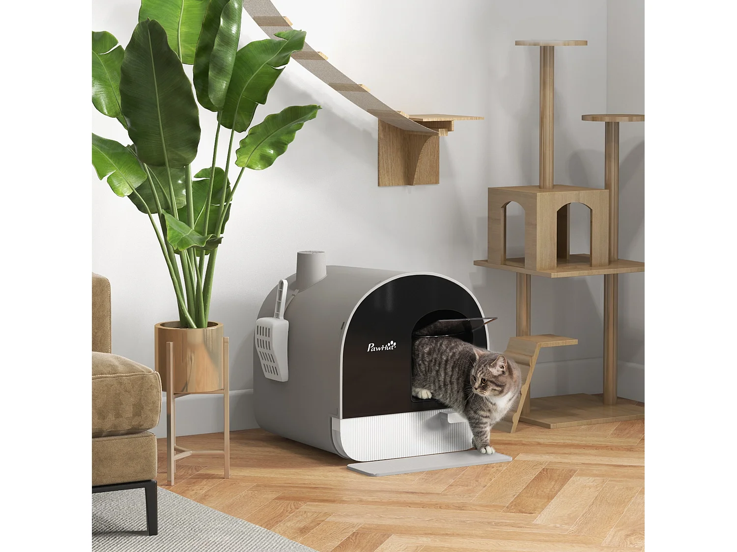 Maison de toilette bac à litière pour chat avec porte battante, pelle et filtre inclus dim. 43L x 44l x 47H cm PP gris