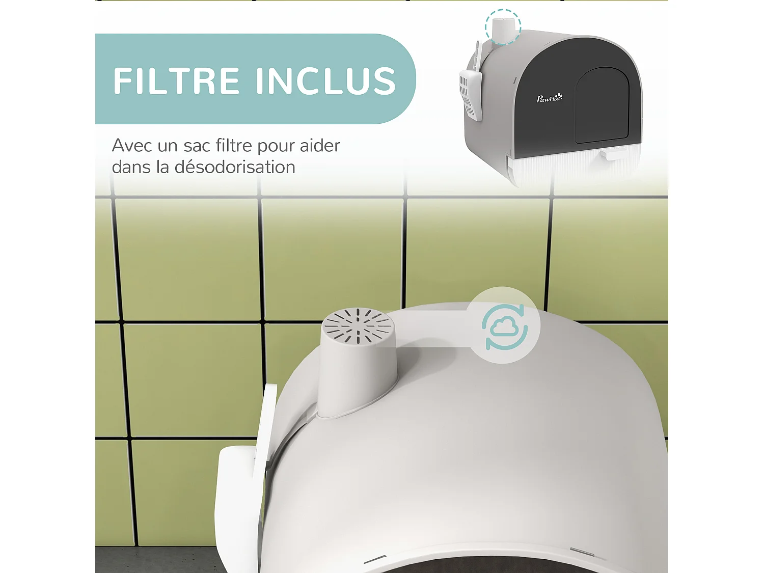 Maison de toilette bac à litière pour chat avec porte battante, pelle et filtre inclus dim. 43L x 44l x 47H cm PP gris