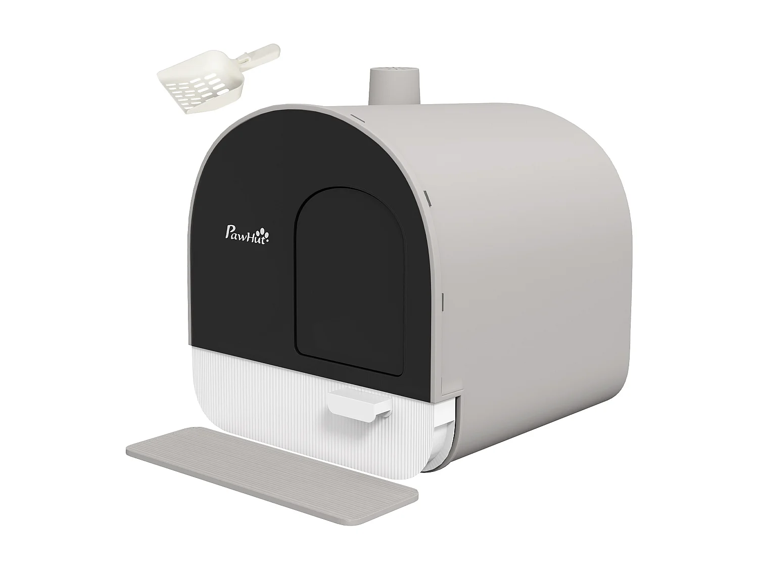Maison de toilette bac à litière pour chat avec porte battante, pelle et filtre inclus dim. 43L x 44l x 47H cm PP gris