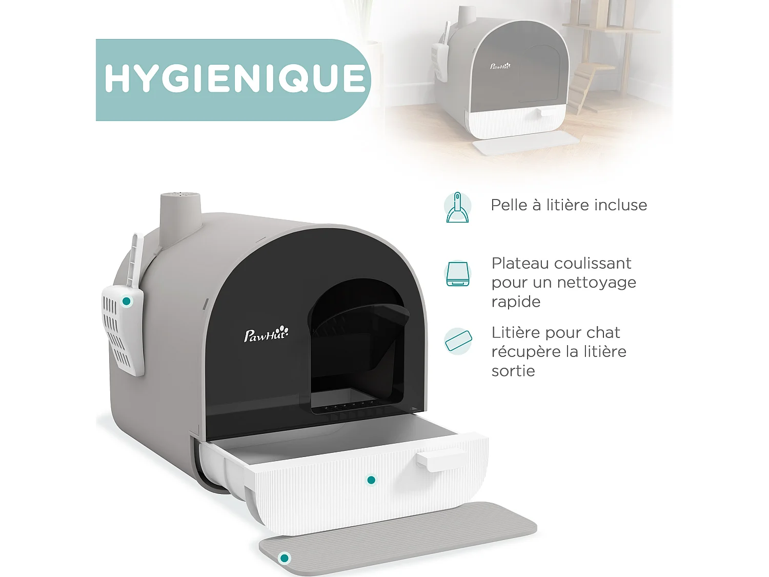 Maison de toilette bac à litière pour chat avec porte battante, pelle et filtre inclus dim. 43L x 44l x 47H cm PP gris