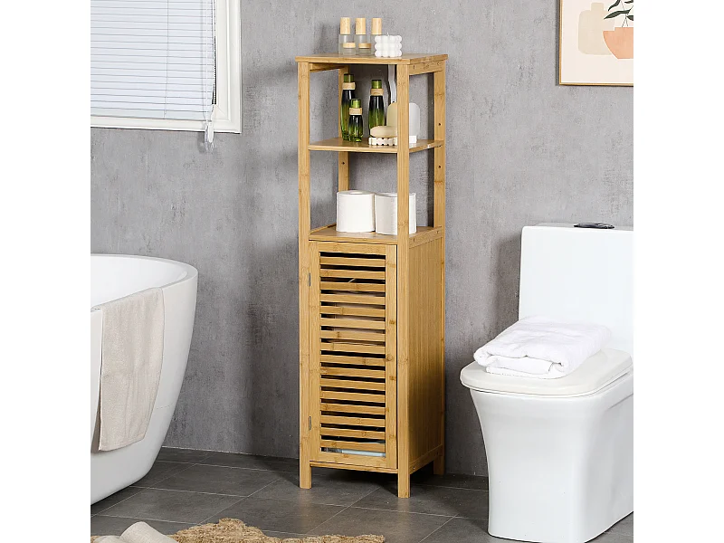 Colonne salle de bain en bambou H.120 cm - porte à lattes, 3 étagères - bambou verni