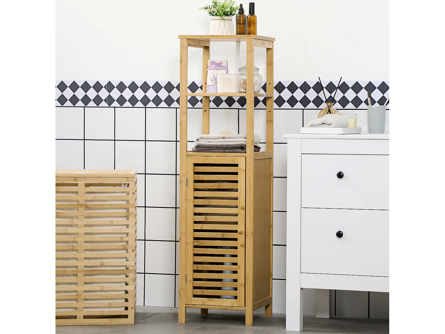 Colonne salle de bain en bambou H.120 cm - porte à lattes, 3 étagères - bambou verni