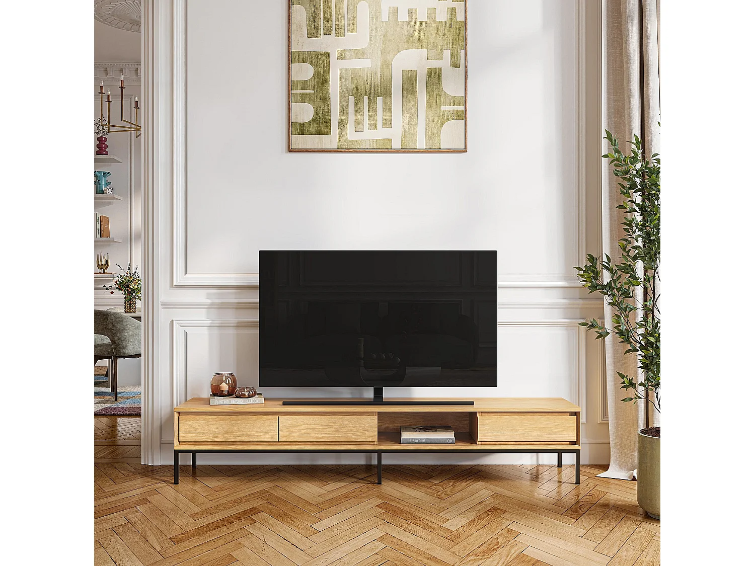 Habitat - Meuble TV 3 tiroirs en chêne et métal noir - Naturel - Design by Hélèna Pille - Flavie