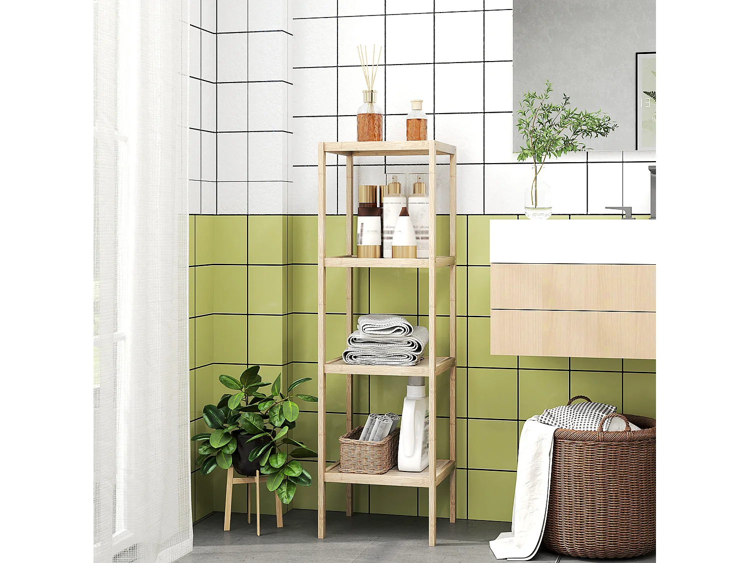 Colonne salle de bain style cosy bambou 4 niveaux H.110 cm