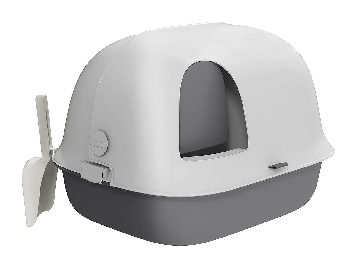 Bac à litière chat semi-fermé - couvercle supérieur verrouillable ouvrable, pelle - 58 x 46 x 39 cm - PP gris blanc