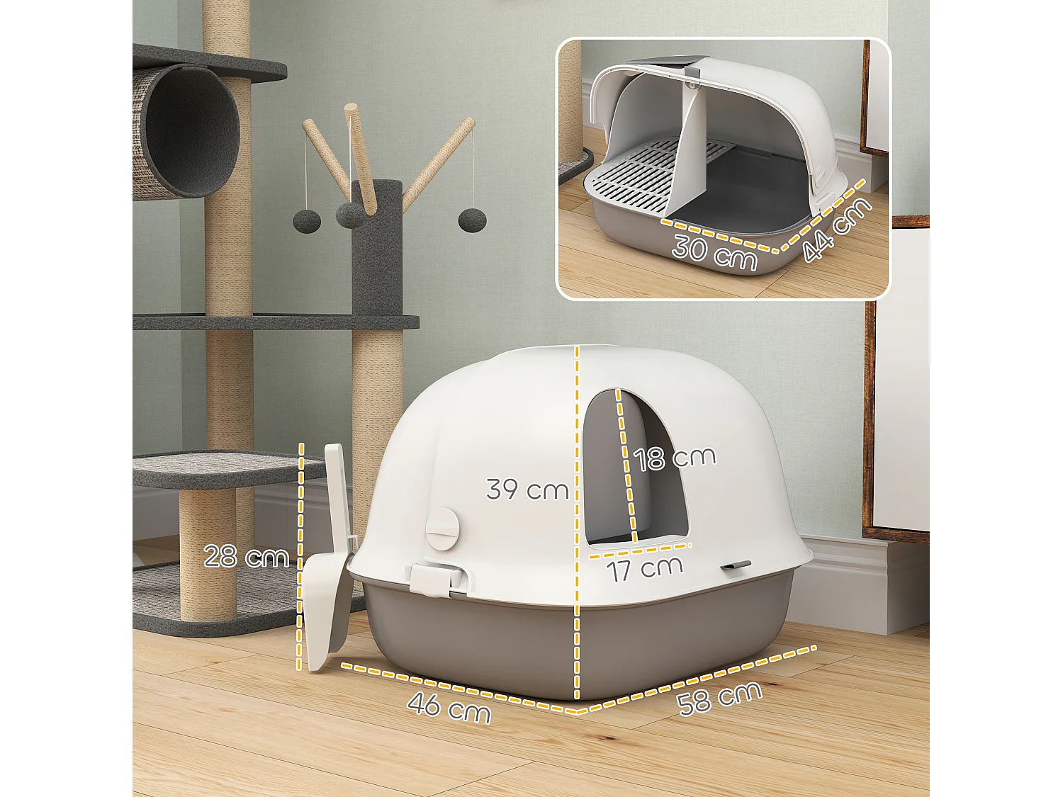 Bac à litière chat semi-fermé - couvercle supérieur verrouillable ouvrable, pelle - 58 x 46 x 39 cm - PP gris blanc