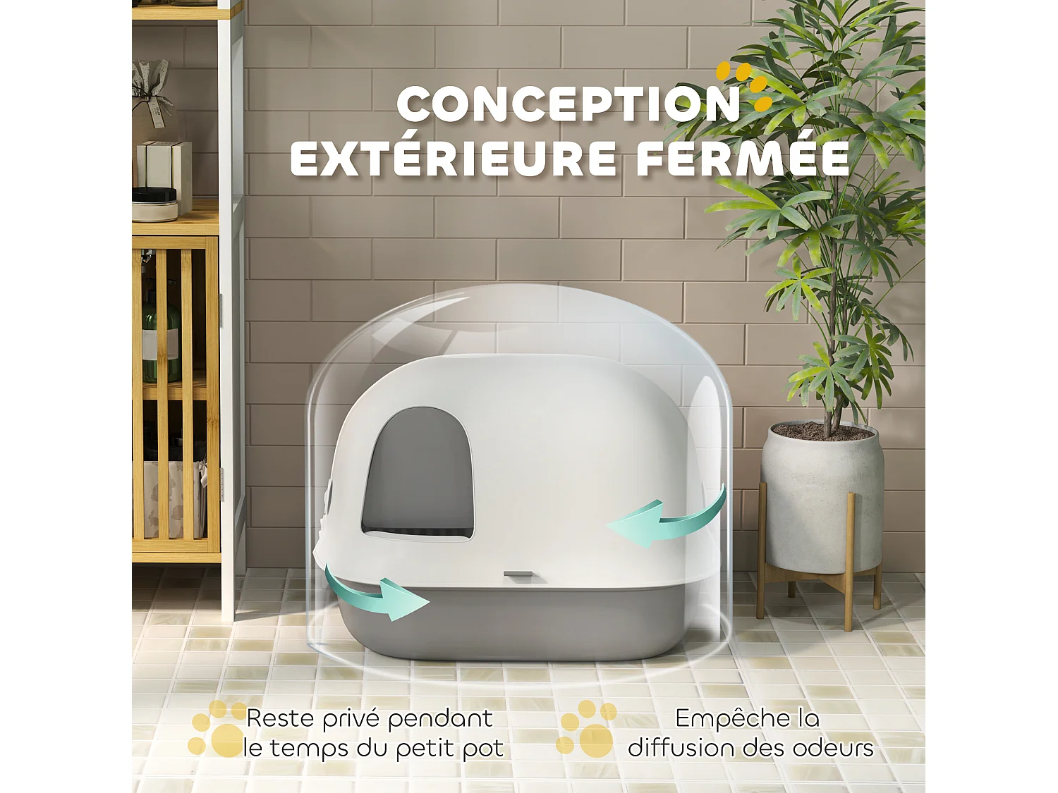 Bac à litière chat semi-fermé - couvercle supérieur verrouillable ouvrable, pelle - 58 x 46 x 39 cm - PP gris blanc