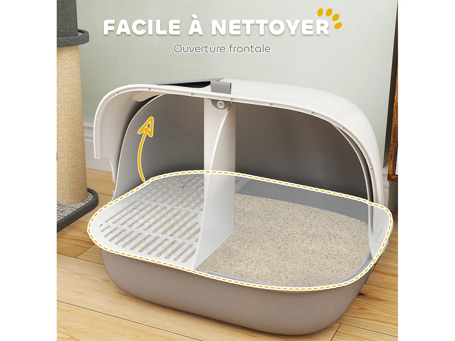 Bac à litière chat semi-fermé - couvercle supérieur verrouillable ouvrable, pelle - 58 x 46 x 39 cm - PP gris blanc