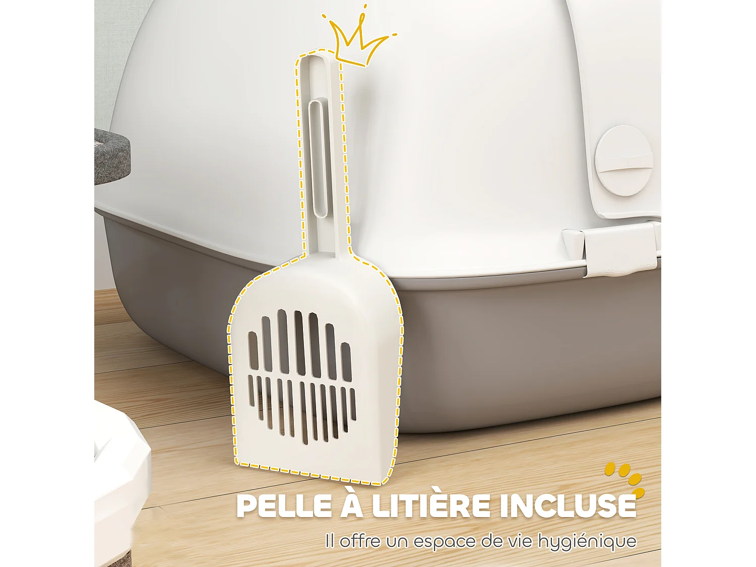 Bac à litière chat semi-fermé - couvercle supérieur verrouillable ouvrable, pelle - 58 x 46 x 39 cm - PP gris blanc
