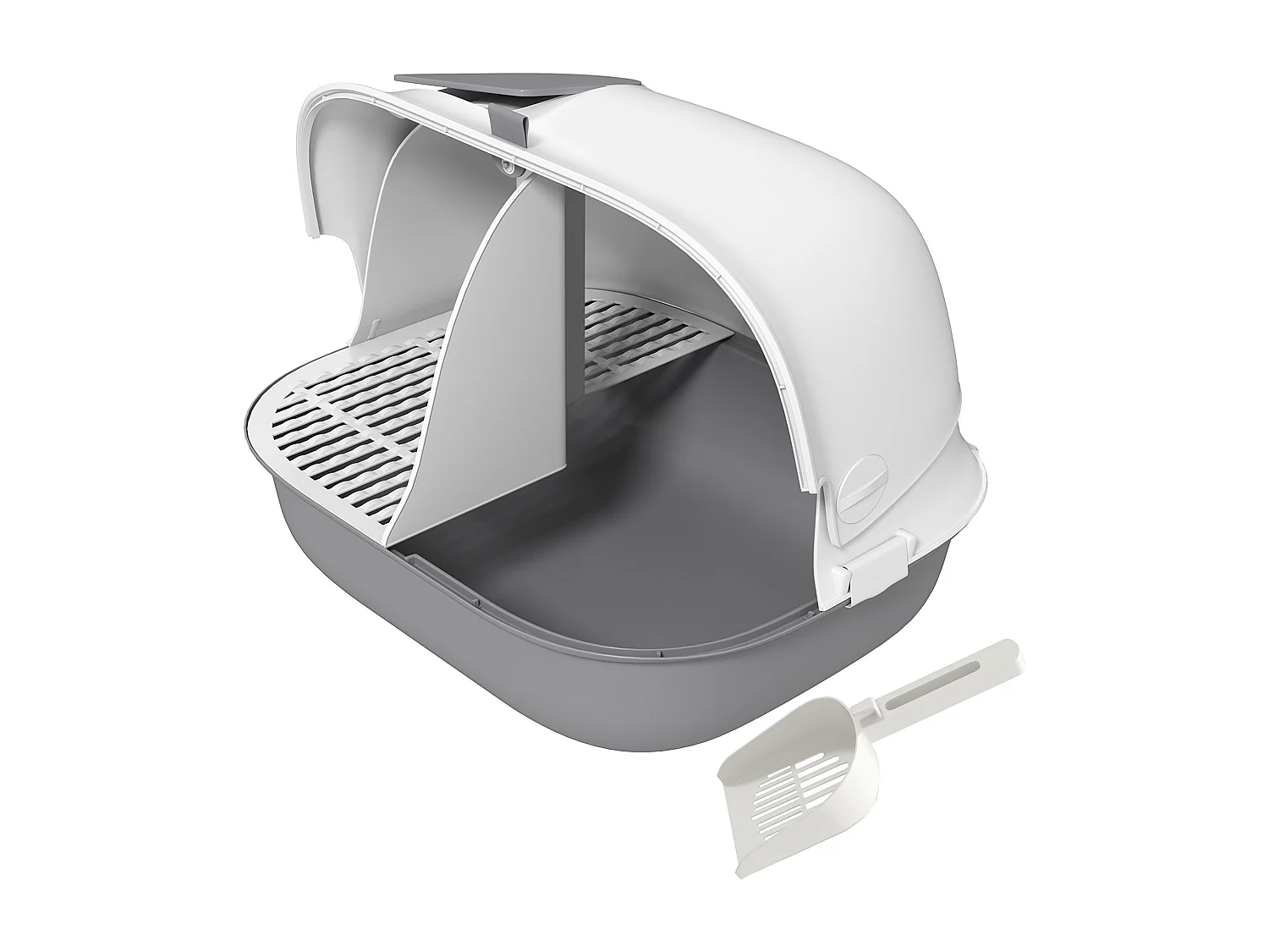 Bac à litière chat semi-fermé - couvercle supérieur verrouillable ouvrable, pelle - 58 x 46 x 39 cm - PP gris blanc