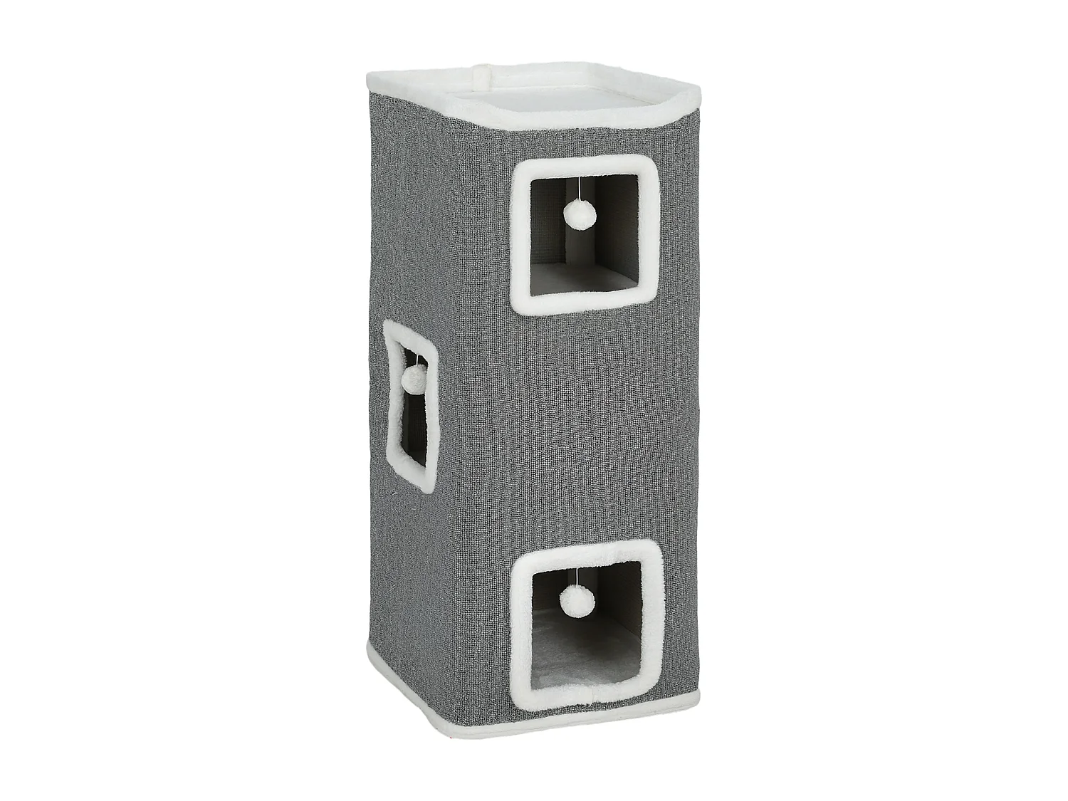 Tour pour chat H.100cm 4 niveaux 3 boules de jeu plateforme d'observation polyester gris peluche blanc