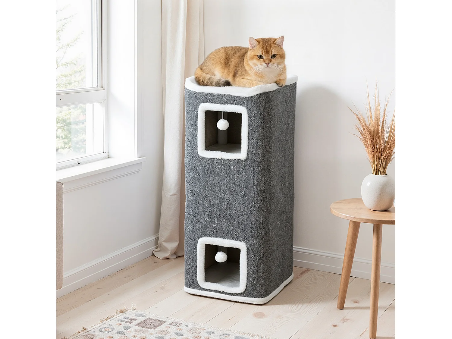 Tour pour chat H.100cm 4 niveaux 3 boules de jeu plateforme d'observation polyester gris peluche blanc