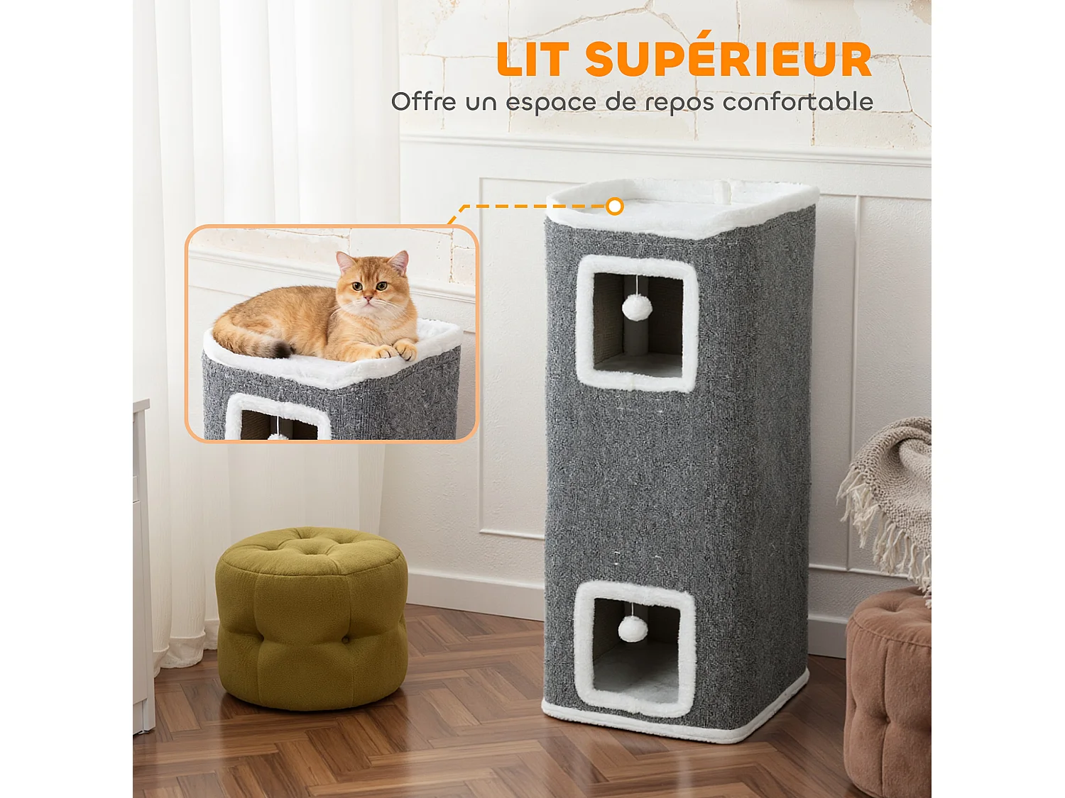 Tour pour chat H.100cm 4 niveaux 3 boules de jeu plateforme d'observation polyester gris peluche blanc