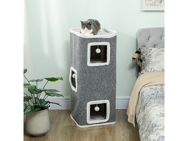 Tour pour chat H.100cm 4 niveaux 3 boules de jeu plateforme d'observation polyester gris peluche blanc