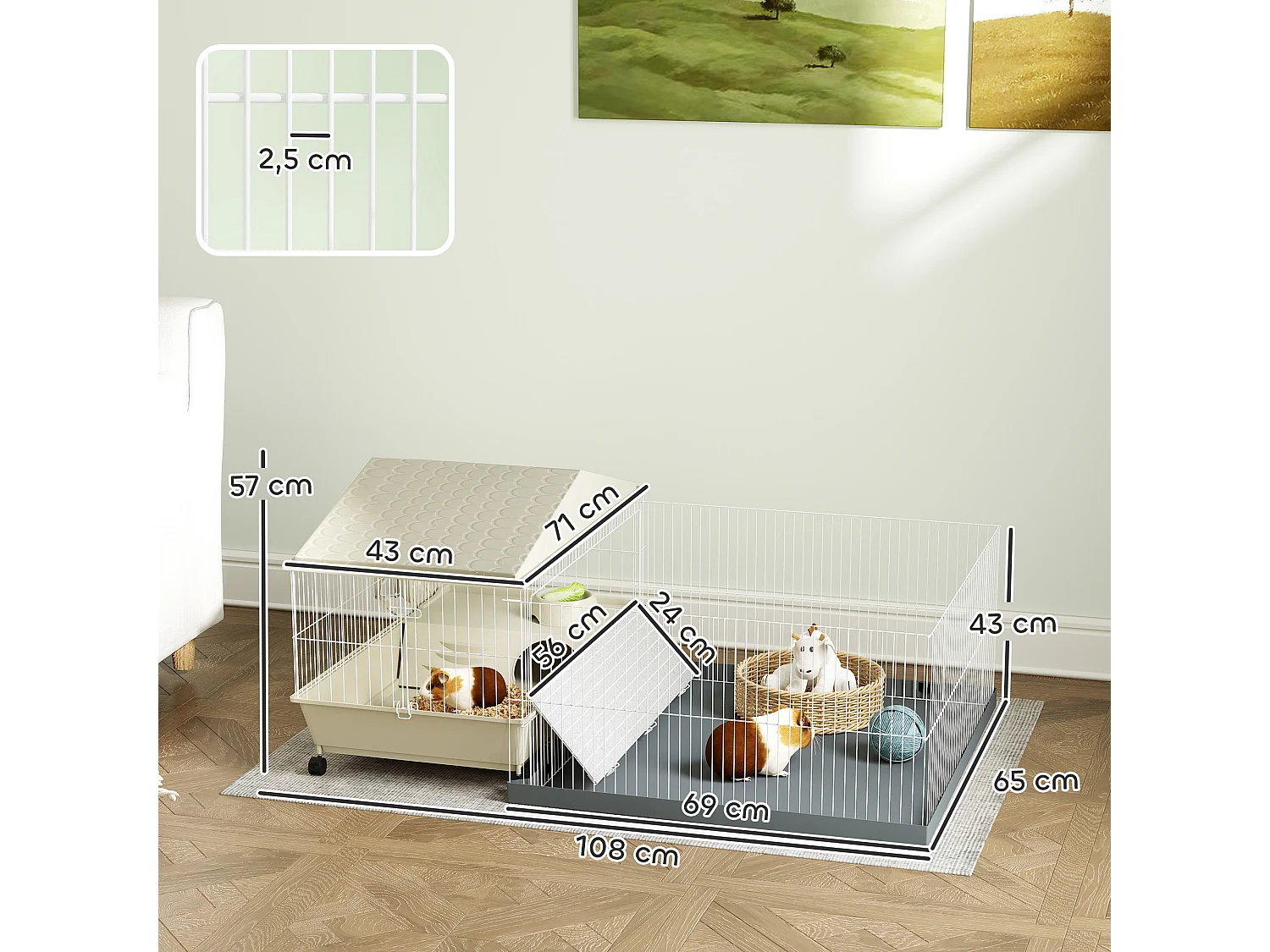Cage cochon d'inde rongeur parc amovible tapis imperméable balcon bol rampe 4 roulettes acier PP gris beige