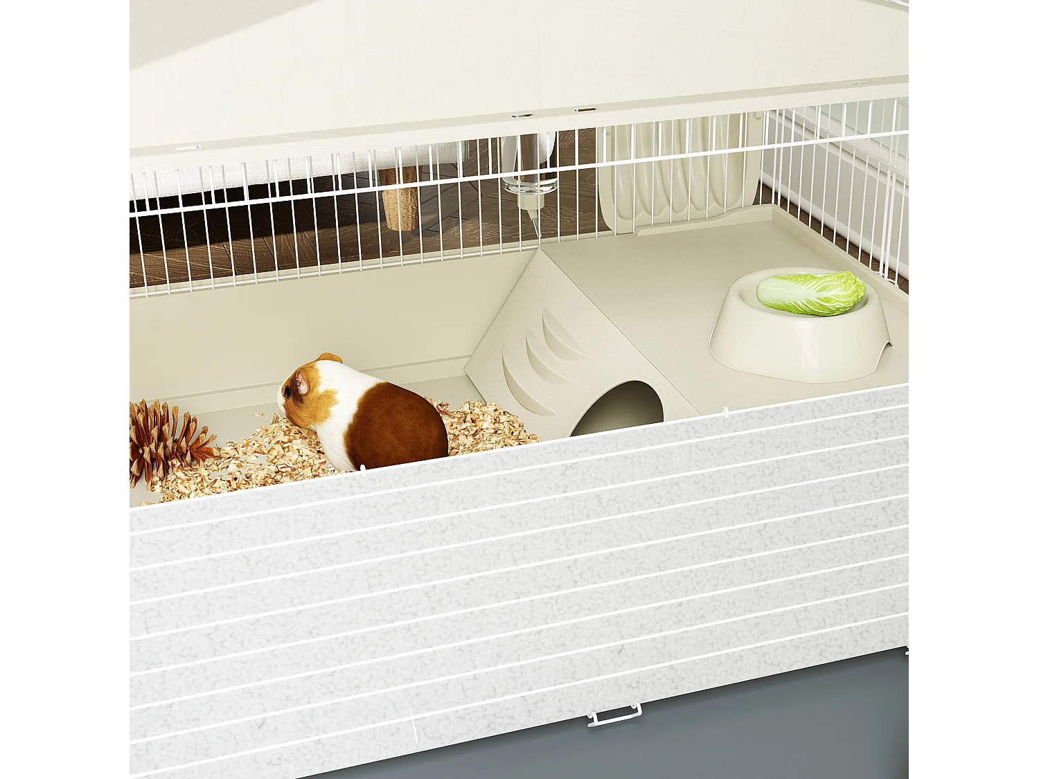 Cage cochon d'inde rongeur parc amovible tapis imperméable balcon bol rampe 4 roulettes acier PP gris beige