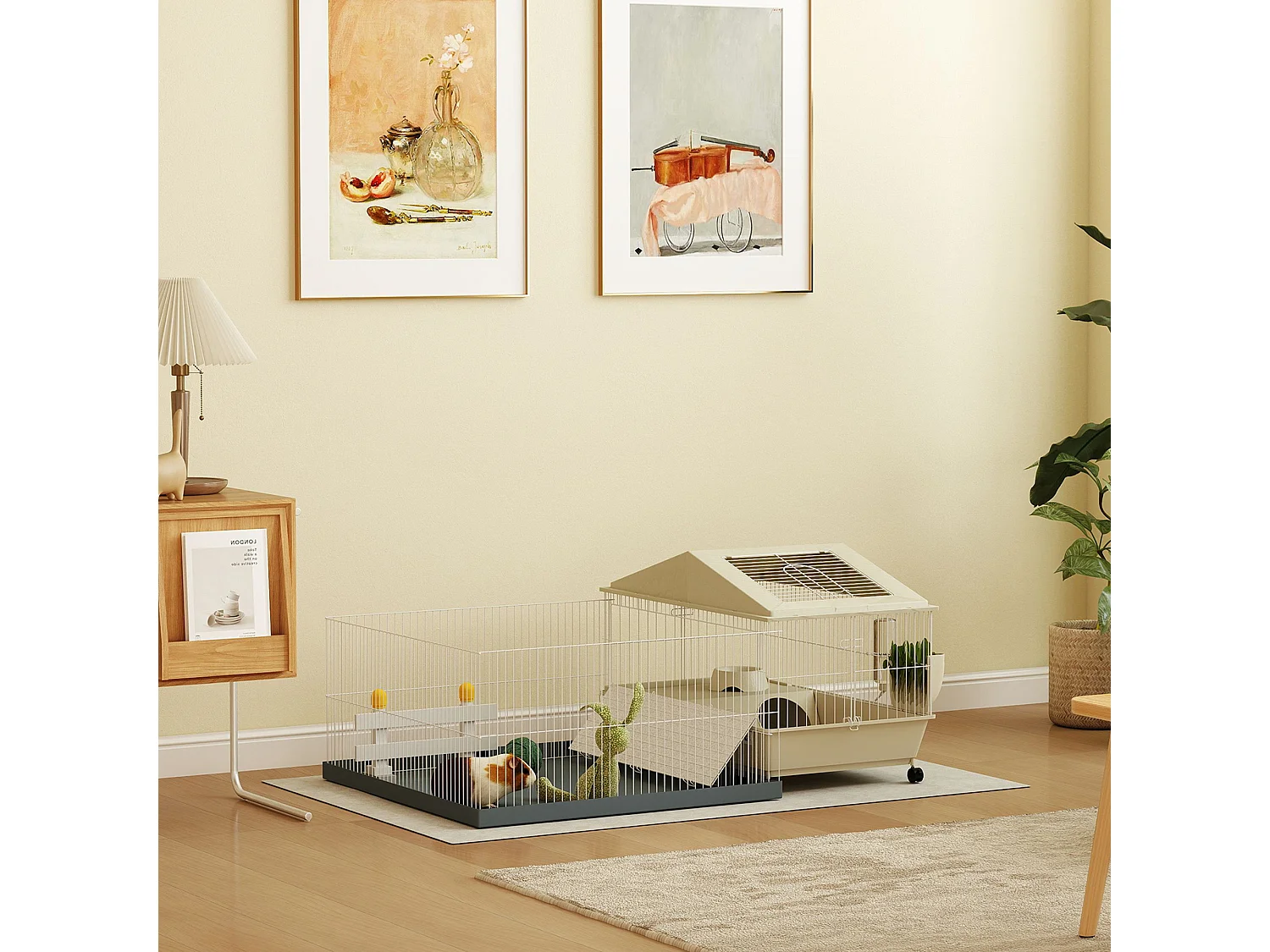 Cage cochon d'inde rongeur parc amovible tapis imperméable balcon bol rampe 4 roulettes acier PP gris beige