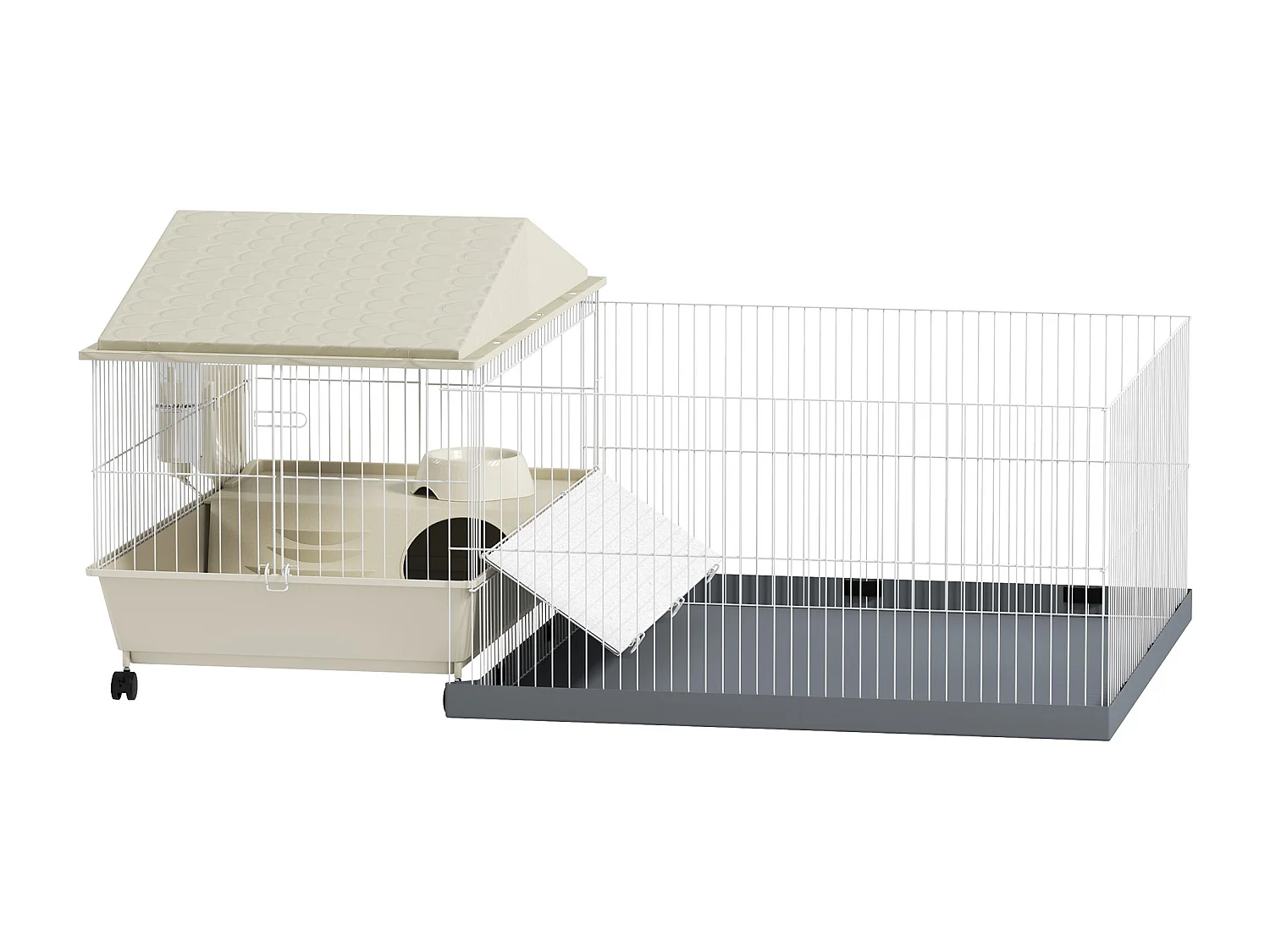 Cage cochon d'inde rongeur parc amovible tapis imperméable balcon bol rampe 4 roulettes acier PP gris beige